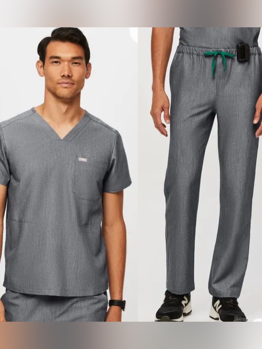 Figs Men’s Heathered Gray Scrub Top & Pants Set with Green Drawstring